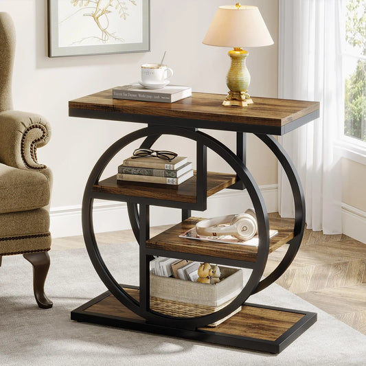 MonoWood End Table for Living Room, 4-Tier Narrow Side Table with Storage Shelves, Industrial Bedside Table for Bedroom, Wood
