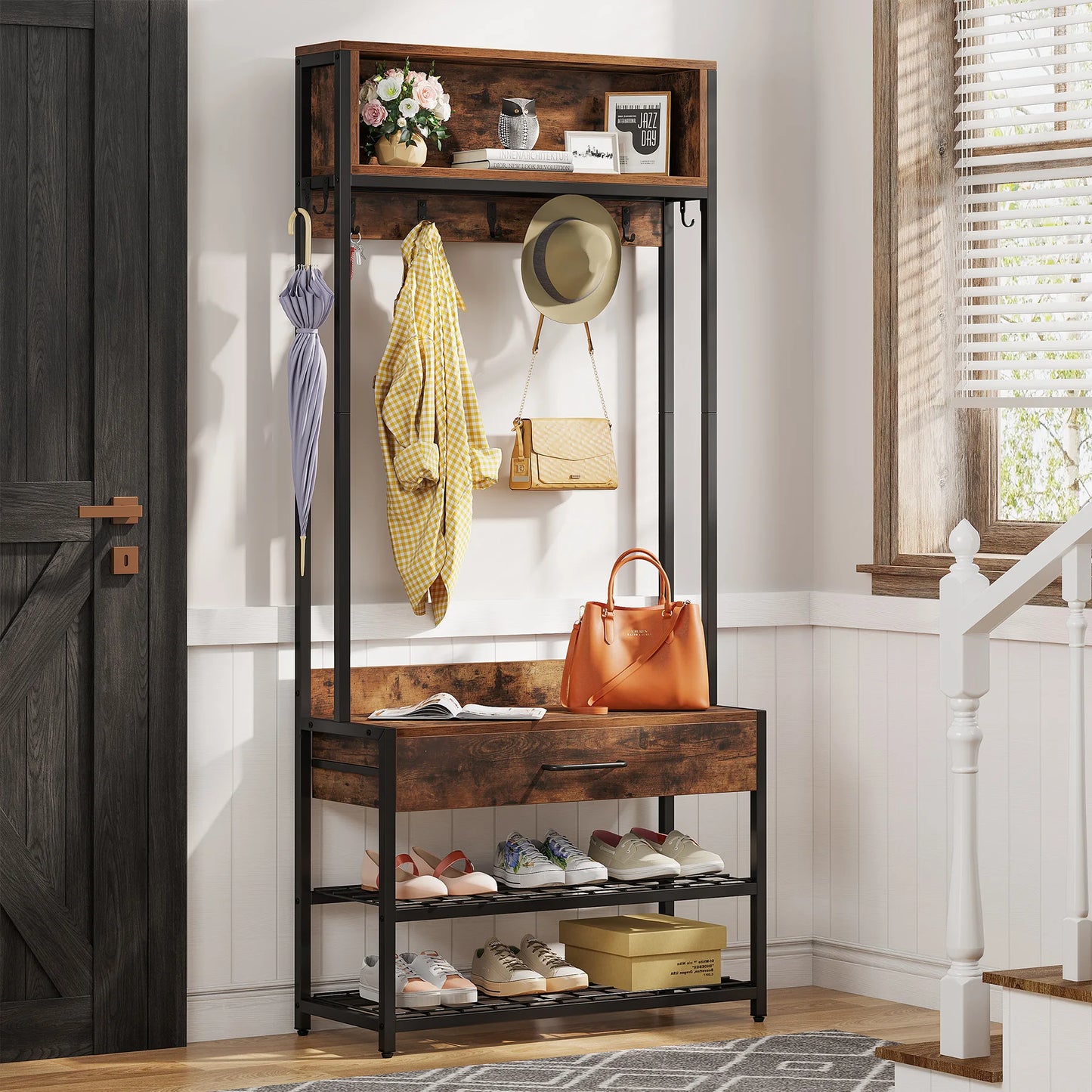 MonoWood 3-in-1 Entryway Hall Tree with Drawer, Vintage Industrial Coat Rack with Shoe Bench and Hutch