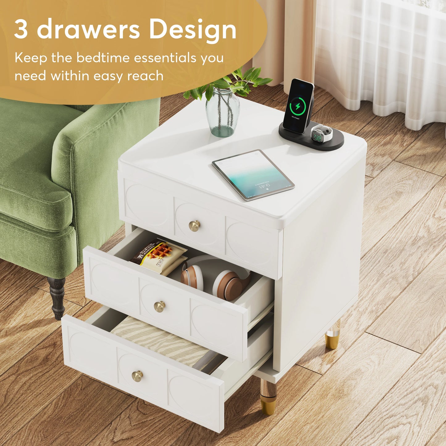 MonoWood 3-Drawer Nightstand Tall White and Gold Bedside Table with Drawers, Versatile Modern White Night Stand with Storage