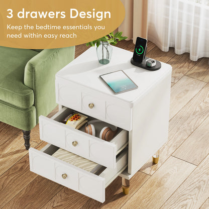 MonoWood 3-Drawer Nightstand Tall White and Gold Bedside Table with Drawers, Versatile Modern White Night Stand with Storage