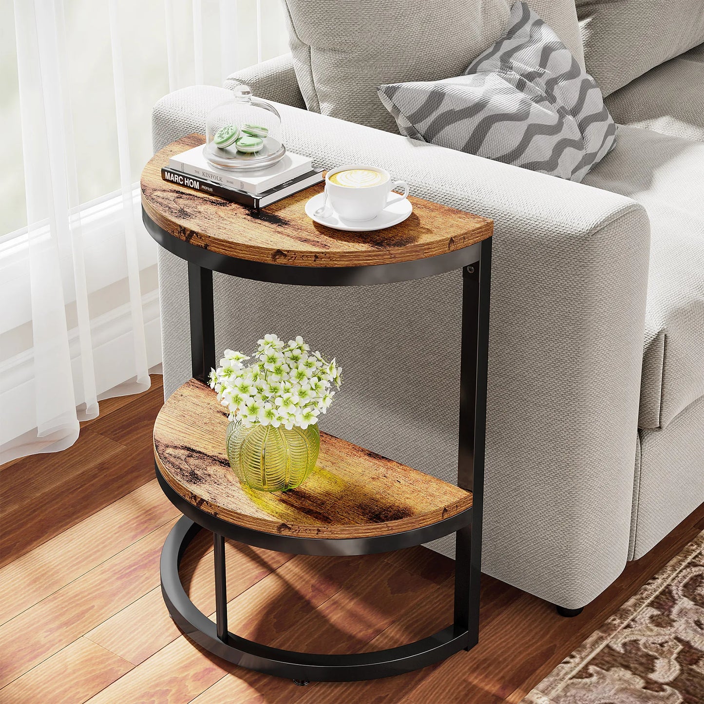 MonoWood End Table Semi Circle, Small Half Round Side Table with Storage Shelf, Accent Table Slim C Table for Sofa Couch