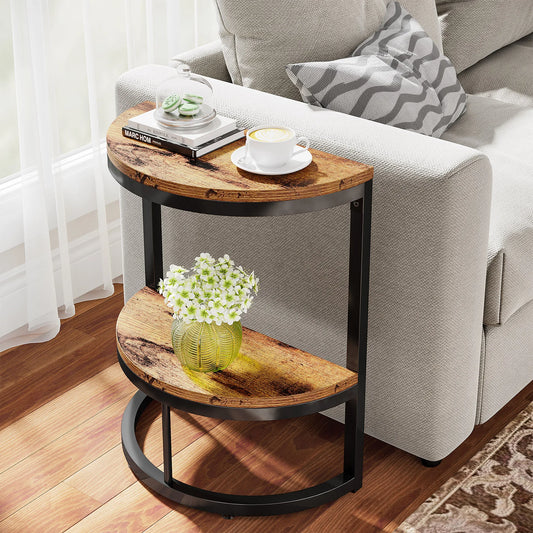 MonoWood End Table Semi Circle, Small Half Round Side Table with Storage Shelf, Accent Table Slim C Table for Sofa Couch