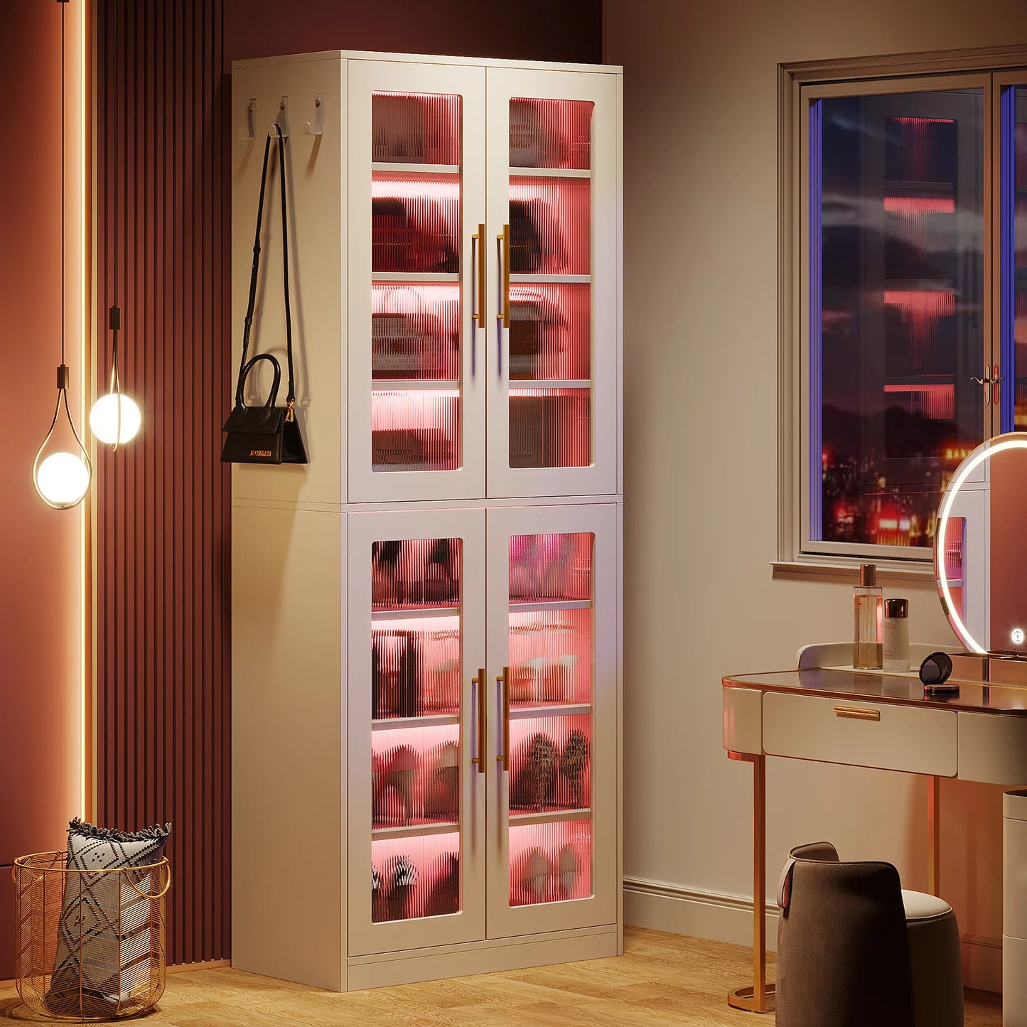 MonoWood Tall Shoe Cabinet with Acrylic Doors and LED Lights, 8-Tier Entryway Shoe Storage Rack with Adjustable Shelves