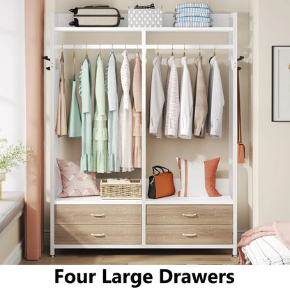 MonoWood Freestanding Closet Organizer for Hanging Clothes, Heavy Duty Garment Rack with Drawers, 8 Hooks and Storage Shelves