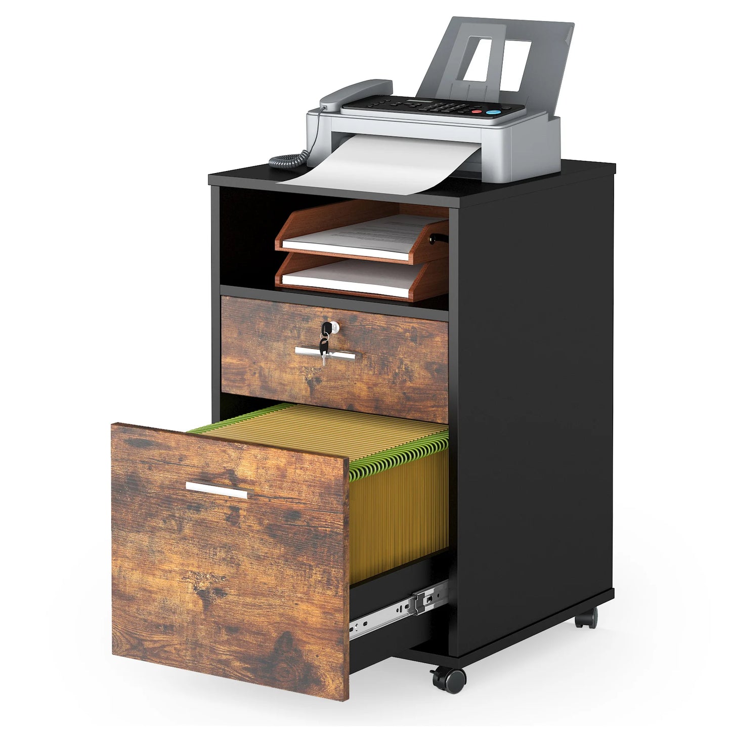 MonoWood 2 Drawer Mobile File Cabinet with Lock, Wood Filing Cabinet, Printer Stand with Wheels and Storage Shelf