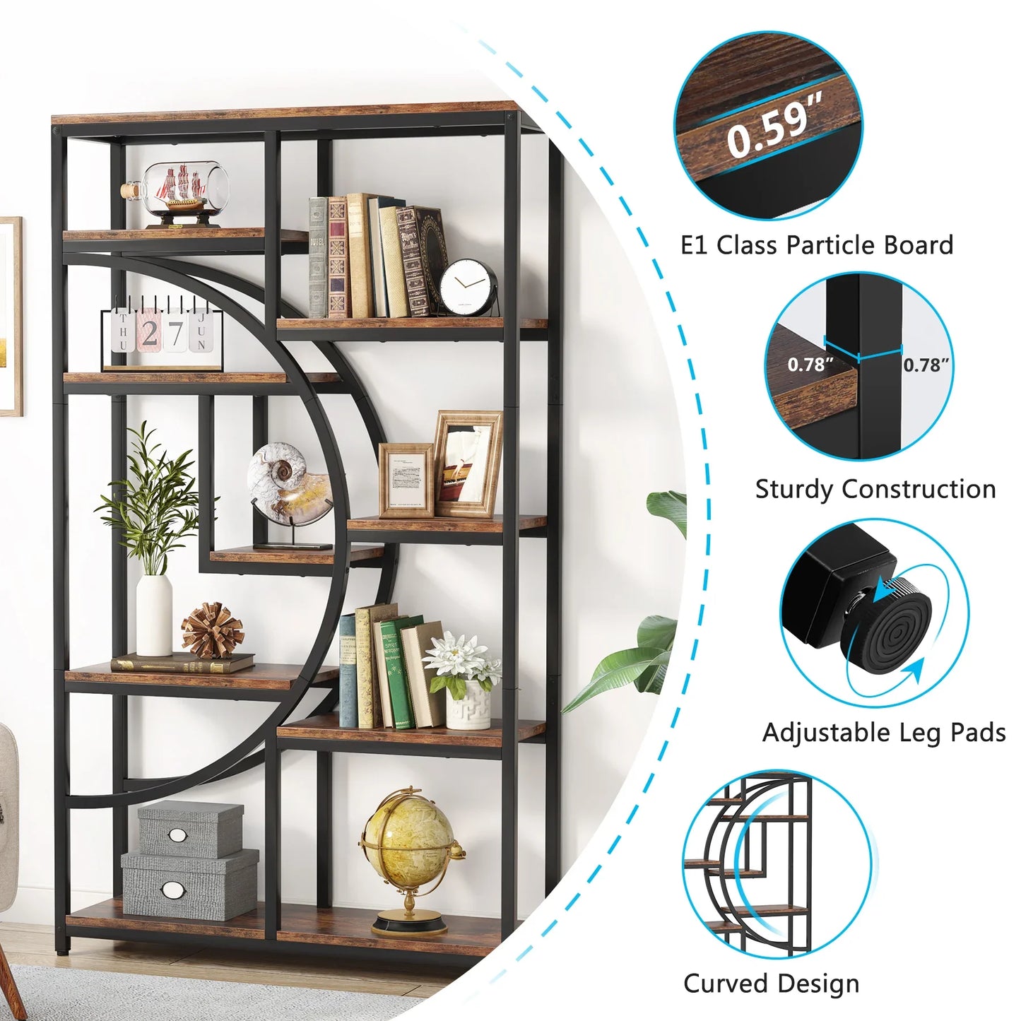 MonoWood Bookshelf Industrial 5 Tier Etagere Bookcase, Freestanding Tall Bookshelves Display Shelf Storage Organizer