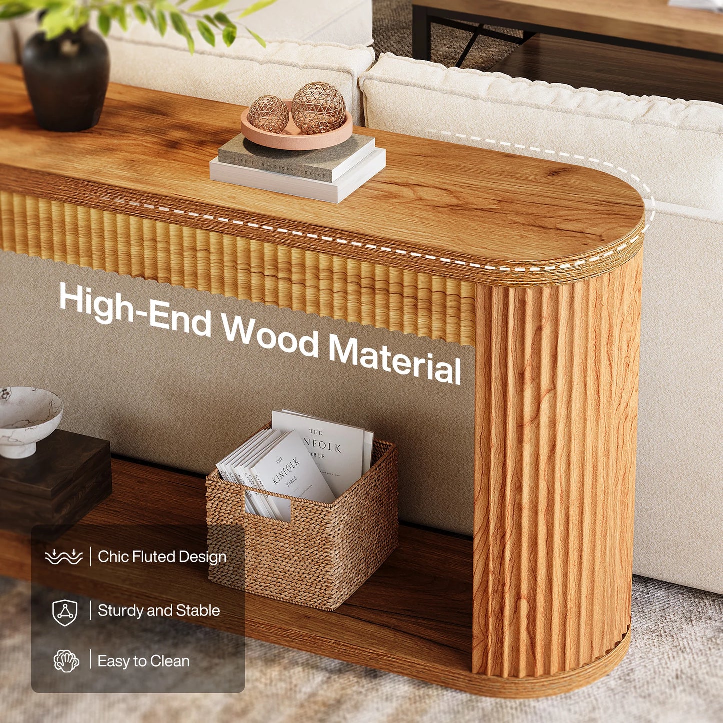 MonoWood 63 Inch Fluted Console Table for Entryway, Narrow Wood Sofa Table Behind Couch for Entrance, Hallway, Foyer