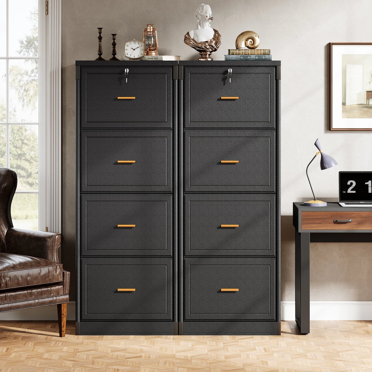 MonoWood 4-Drawer File Cabinet with Lock, Locked File Cabinet with Key, Tall Wooden Filing Cabinets for Home Office