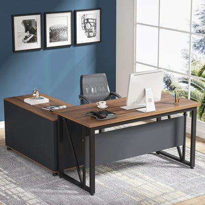 MonoWood 55 inches Executive Desk and 43" lateral File Cabinet, L-Shaped Computer Desk Home Office Furniture with Drawers