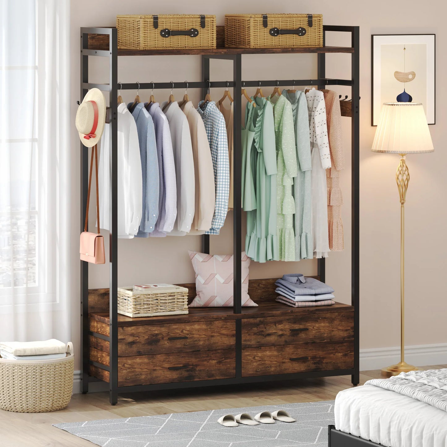 MonoWood Freestanding Closet Organizer for Hanging Clothes, Heavy Duty Garment Rack with 4 Drawers, 8 Hooks and Storage Shelve
