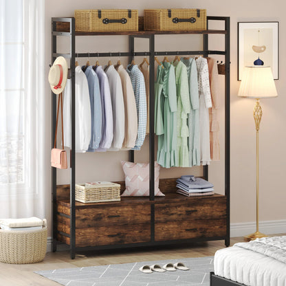 MonoWood Freestanding Closet Organizer for Hanging Clothes, Heavy Duty Garment Rack with 4 Drawers, 8 Hooks and Storage Shelve