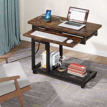 MonoWood Small Portable Desk with Power Outlet, Height Adjustable Sofa Couch Bedside Laptop Table with Wheels