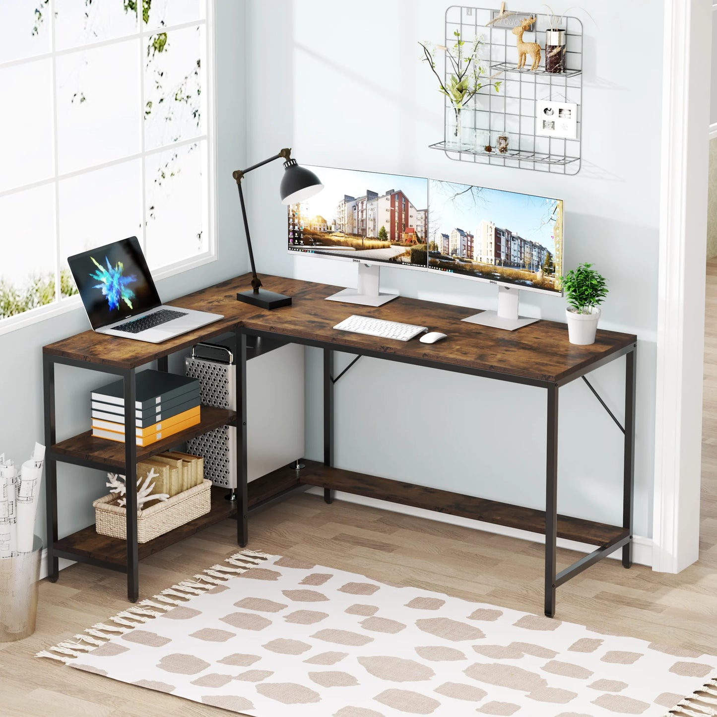 MonoWood L Shaped Desk with Storage Shelves, Reversible Computer Desk Gaming Desk for Home Office Workstation