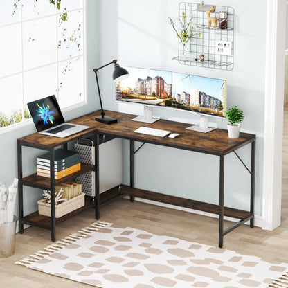 MonoWood L Shaped Desk with Storage Shelves, Reversible Computer Desk Gaming Desk for Home Office Workstation