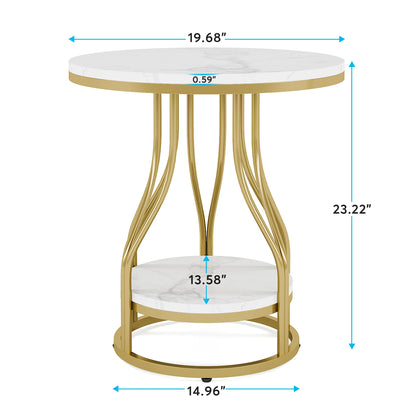 MonoWood 2-Tier End Table Round Side Table White Gold, Modern Bedside Table Small Side Table with Storage for Couch