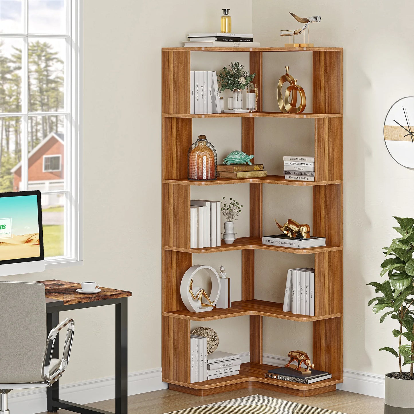 MonoWood 6 Tier Corner Bookshelf, 64.96 Inch Tall Industrial Corner Bookcase with Anti-Drop Panel,Wood Grain Corner Shelf