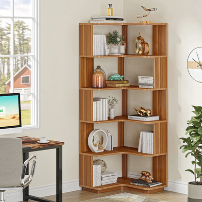 MonoWood 6 Tier Corner Bookshelf, 64.96 Inch Tall Industrial Corner Bookcase with Anti-Drop Panel,Wood Grain Corner Shelf