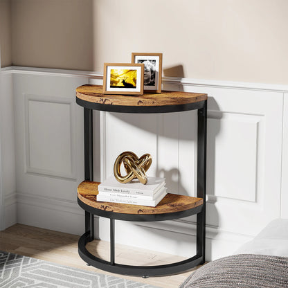 MonoWood End Table Semi Circle, Small Half Round Side Table with Storage Shelf, Accent Table Slim C Table for Sofa Couch