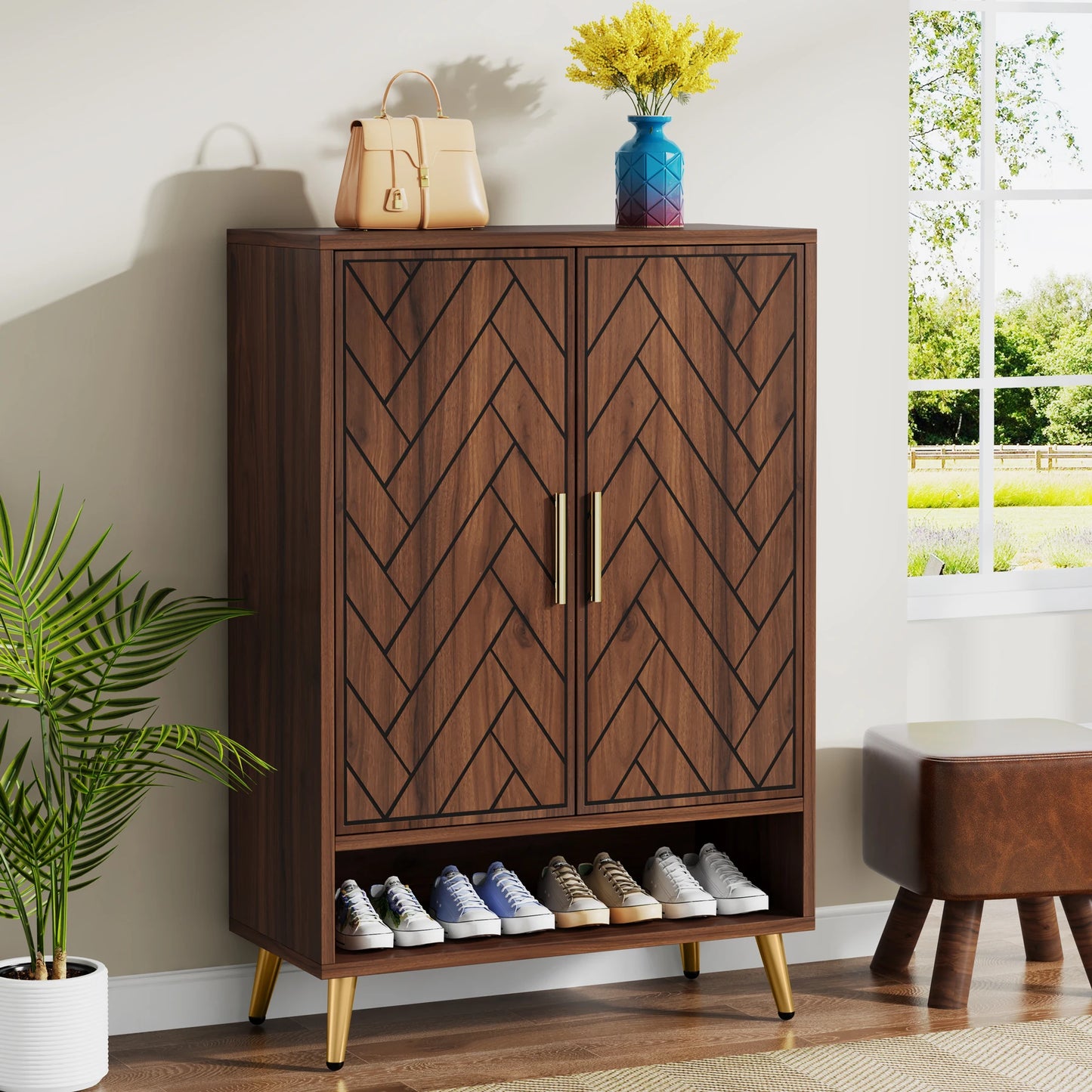 MonoWood 6-Tier Shoe Cabinet with Doors, Walnut Wooden Shoe Storage Cabinet with Adjustable Shelves for Entryway