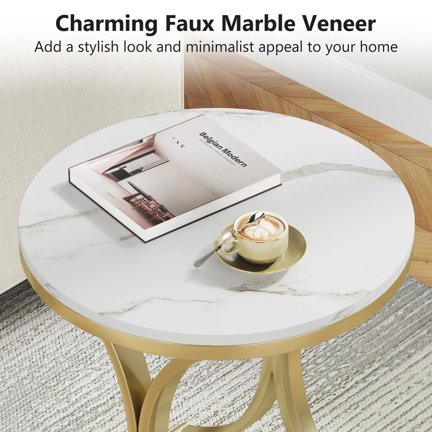 MonoWood White Gold Side Table Round End Table Modern Small Coffee Table Accent C Table Bedside Table