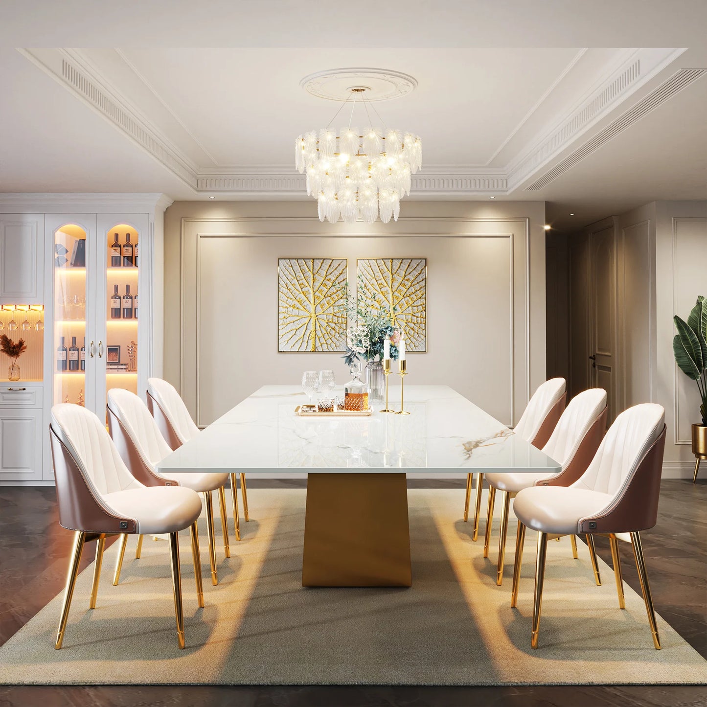 MonoWood 78.74" Sintered Stone Dining Table for 6-8, Modern Rectangle Dining Table, Luxury White & Gold Kitchen Table