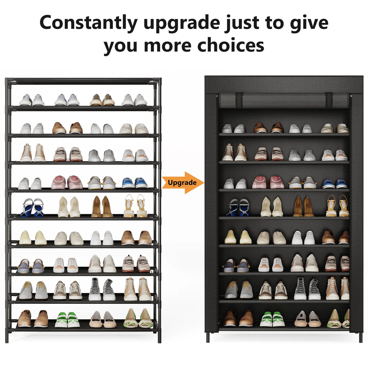 10 Tier Shoes Rack with Cover, Shoes Racks Organizer for Closet, Black Large Shoe Shelf for Entryway,50 Pair Large Shoe Stand