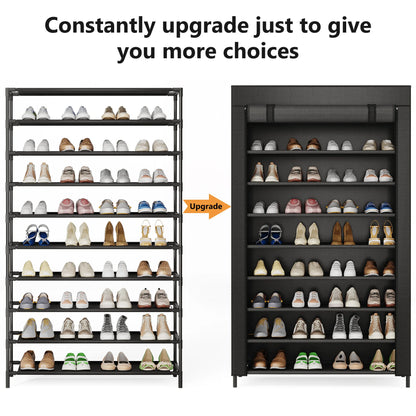10 Tier Shoes Rack with Cover, Shoes Racks Organizer for Closet, Black Large Shoe Shelf for Entryway,50 Pair Large Shoe Stand