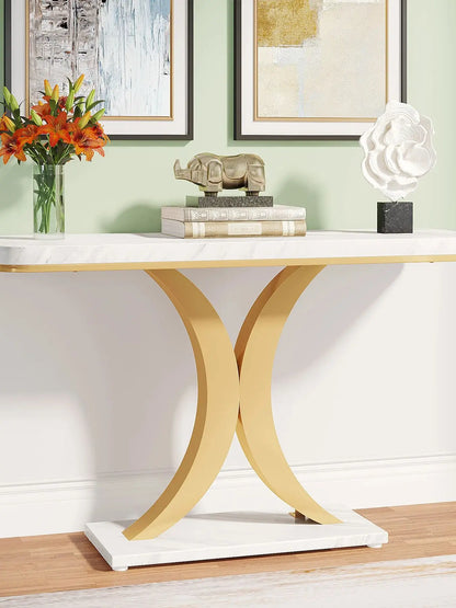MonoWood Modern Gold Console Table, 40 inch Narrow Entryway Foyer Table with Geometric Base, Rustic Hallway Accent Table