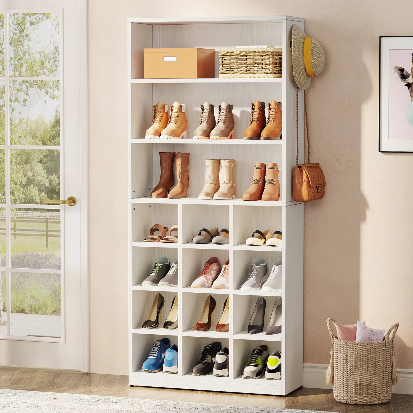 MonoWood Shoe Cabinet, 24 Pair Freestanding Shoe Rack Storage Organizer with Side Hooks, Shoe Storage Cabinet with Shelves