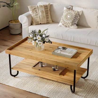 47.24-Inch Solid Wood Coffee Table, 2-Tier Rectangular Center Table with Curved Metal Legs, Industrial Coffee Desk for Living Ro