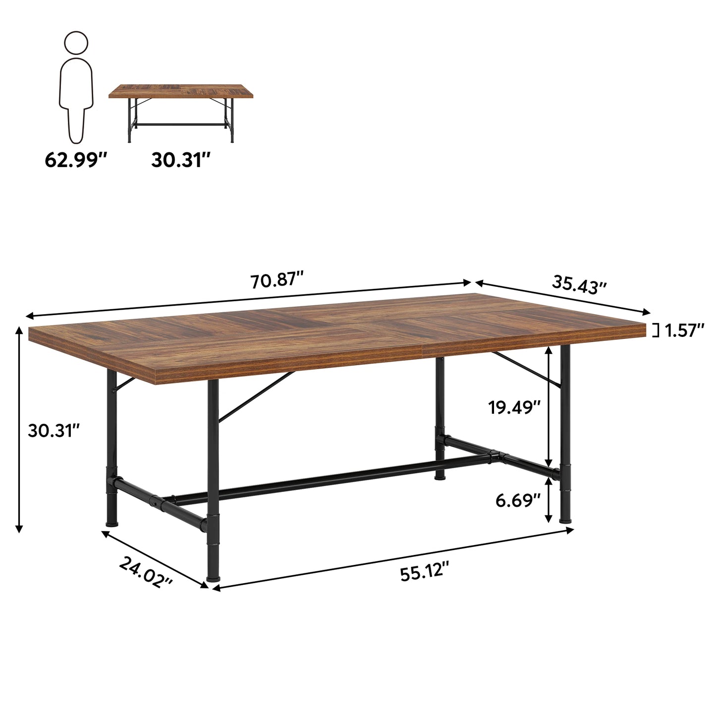 MonoWood Dining Table for 6-8 People, 70.9-Inch Rectangle Wood Kitchen Table with Tube Metal Frame, Rustic Dining Room Table