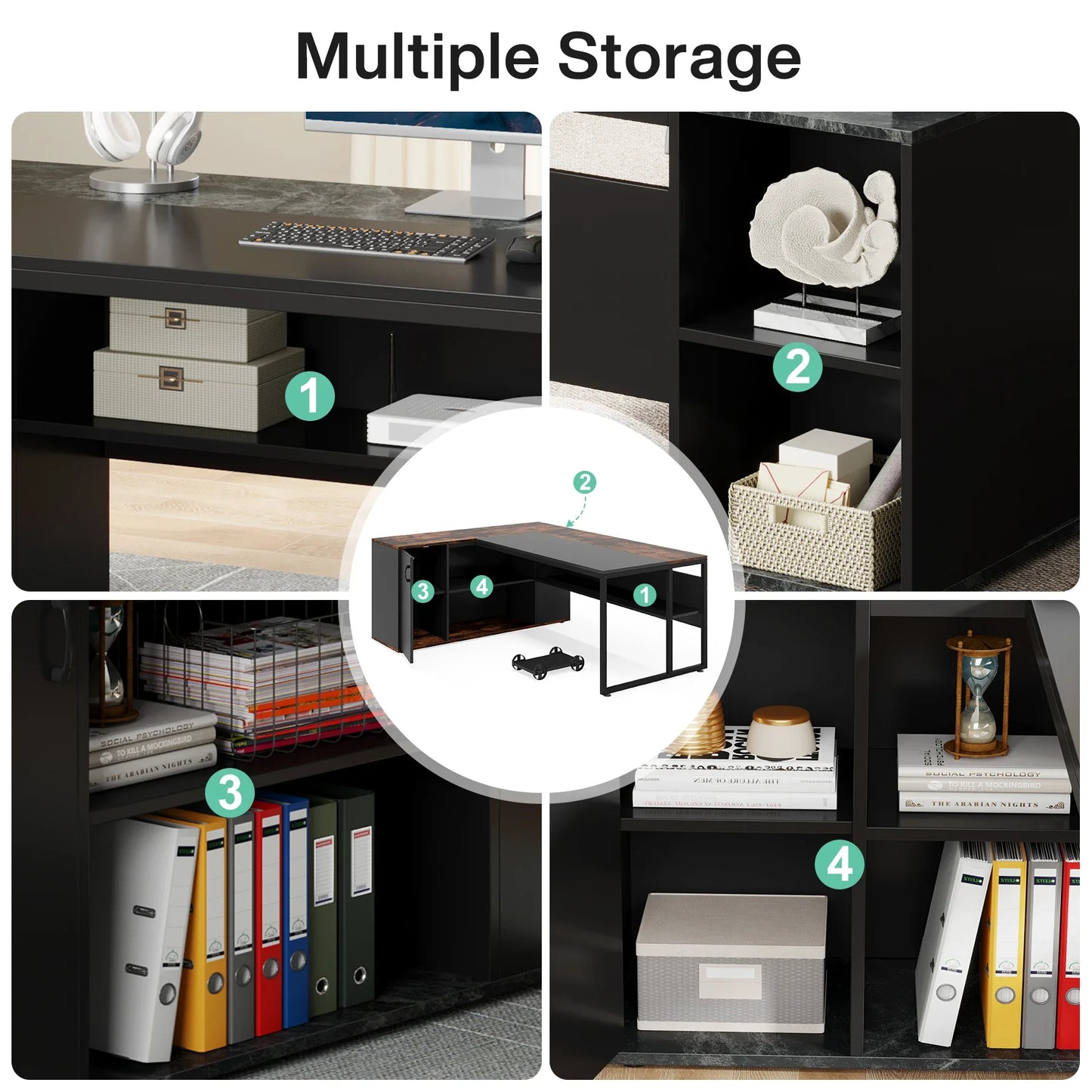 MonoWood 71 inch Executive Desk, L Shaped Desk with Cabinet Storage, Executive Office Desk with Shelves, Business Furniture