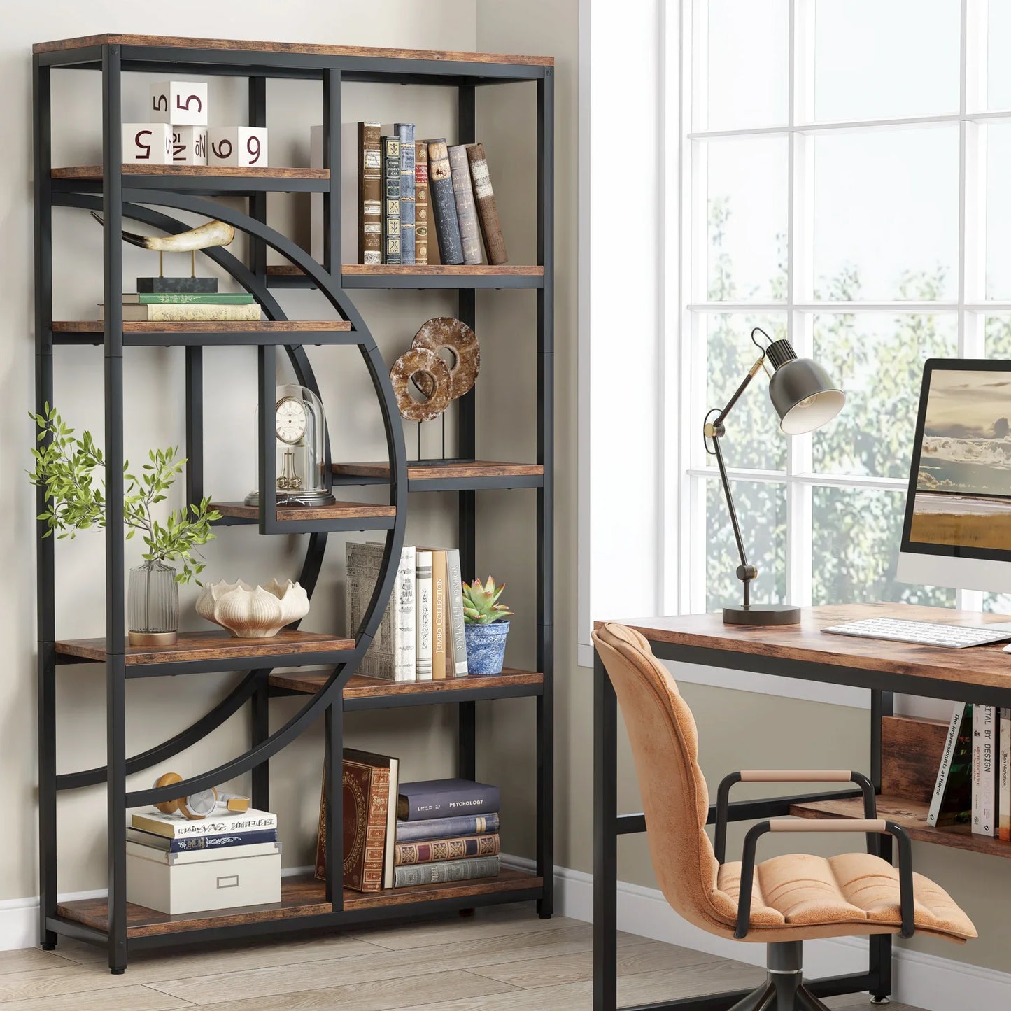 MonoWood Bookshelf Industrial 5 Tier Etagere Bookcase, Freestanding Tall Bookshelves Display Shelf Storage Organizer