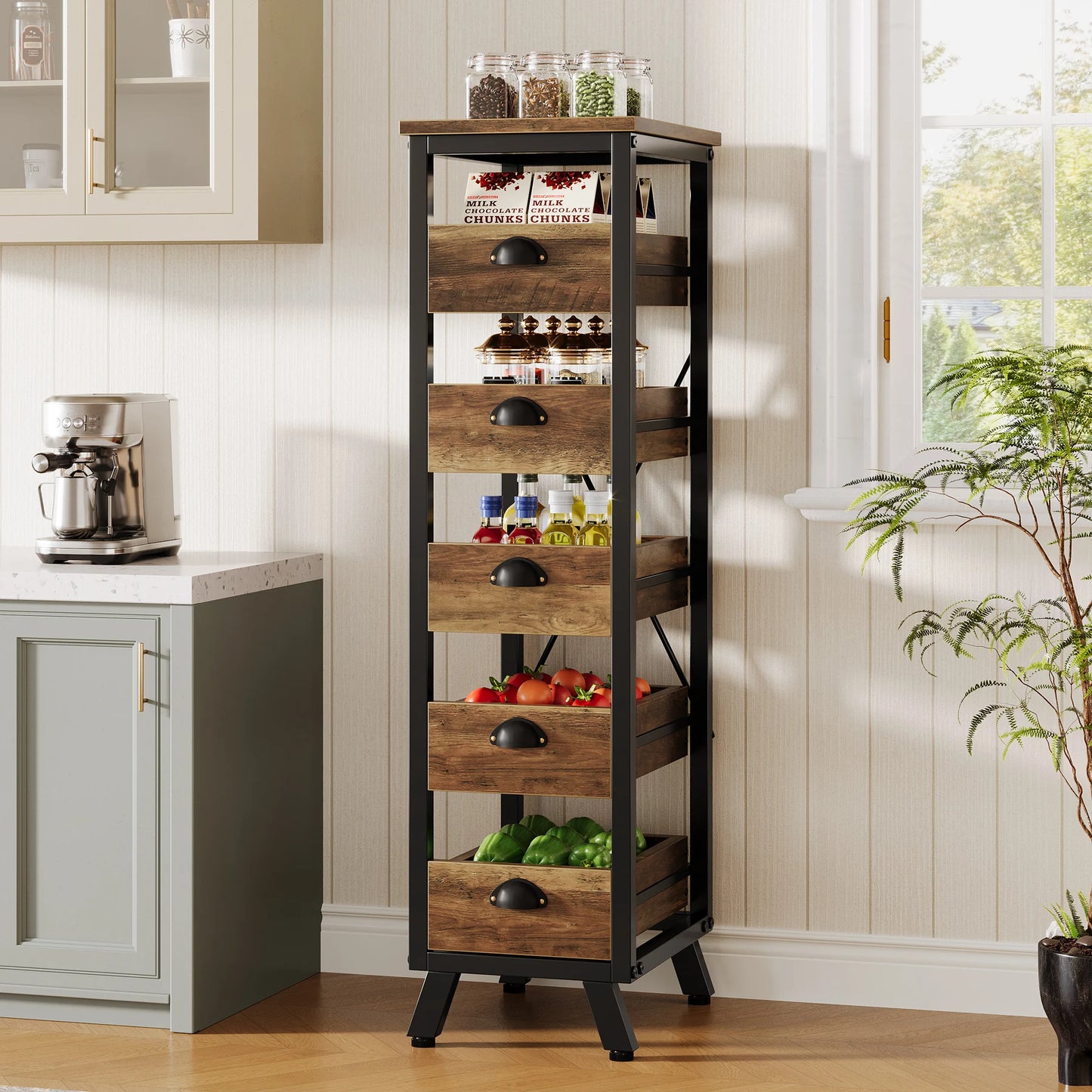 MonoWood Wood Fruit and Vegetable Storage Rack, 5-Tier Narrow Snack Stand Kitchen Stand Fruit Basket