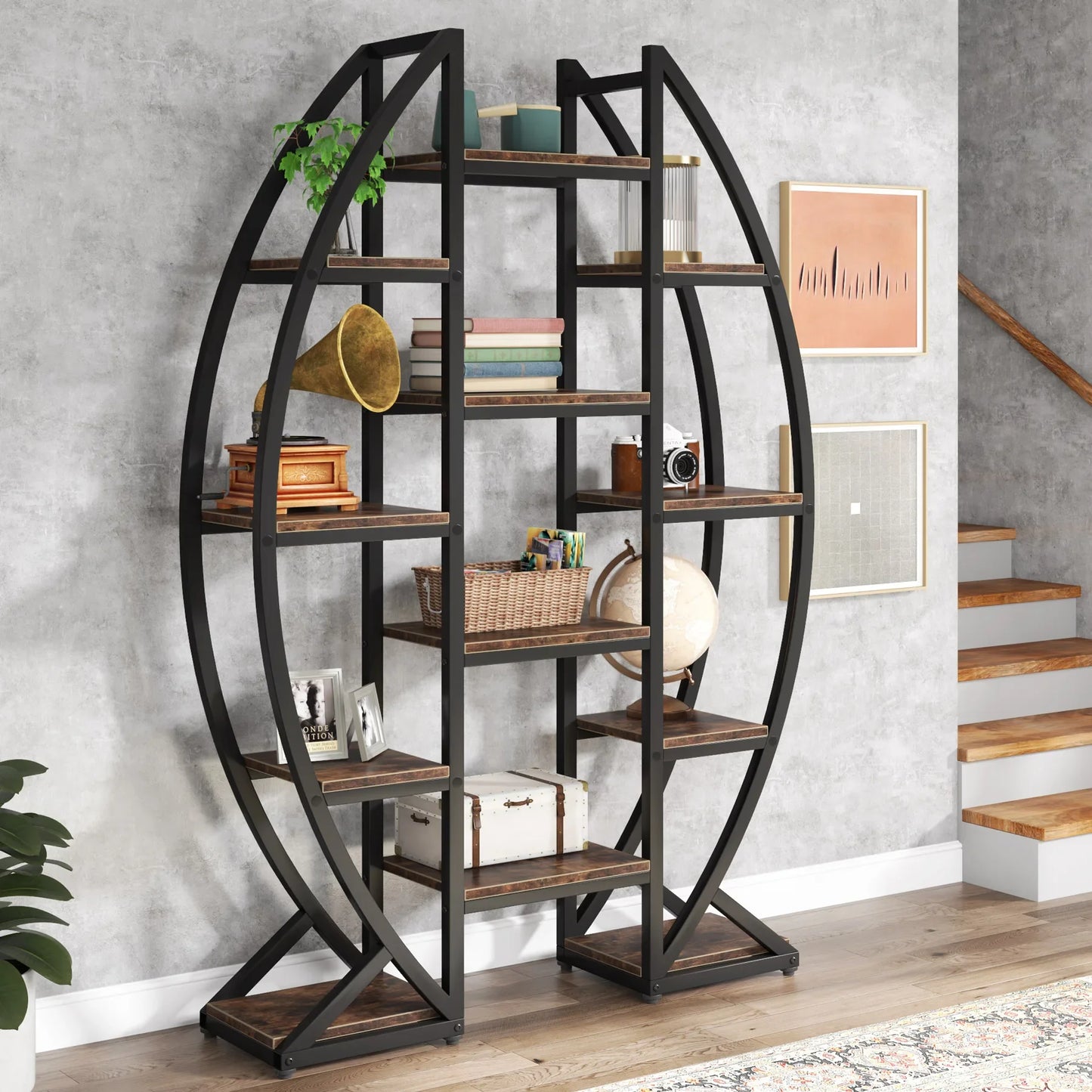 MonoWood Oval Bookshelf, Triple Wide 5 Tier Etagere Bookcase, Industrial Display Shelves for Living Room (Brown, 55")