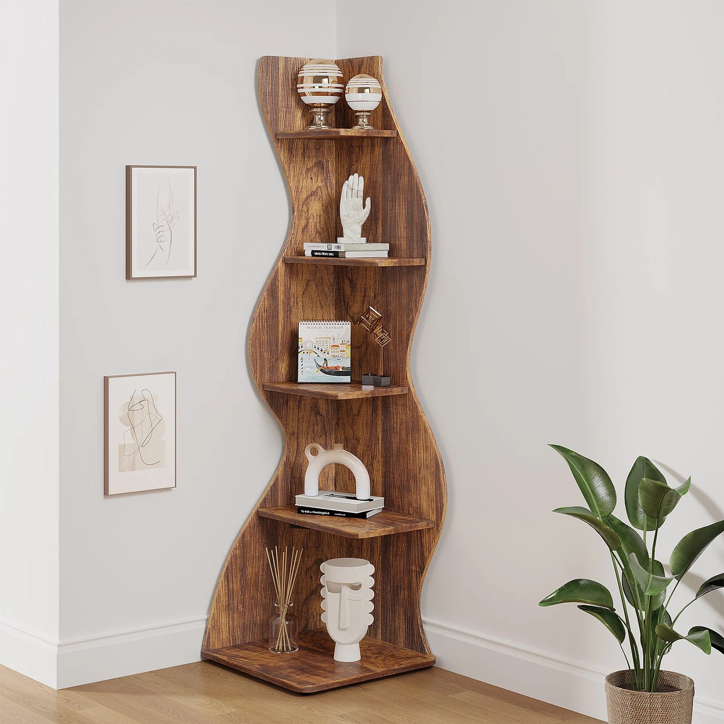 MonoWood Corner Shelf, Rustic 5-Tier Wall Corner Bookshelf, Stylish Corner Small Bookcase Storage Rack Plant Stand with Unique