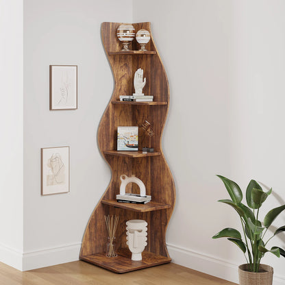 MonoWood Corner Shelf, Rustic 5-Tier Wall Corner Bookshelf, Stylish Corner Small Bookcase Storage Rack Plant Stand with Unique