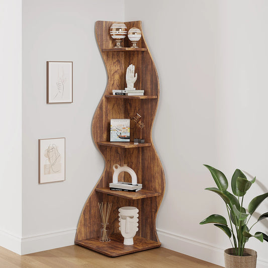 MonoWood Corner Shelf, Rustic 5-Tier Wall Corner Bookshelf, Stylish Corner Small Bookcase Storage Rack Plant Stand with Unique