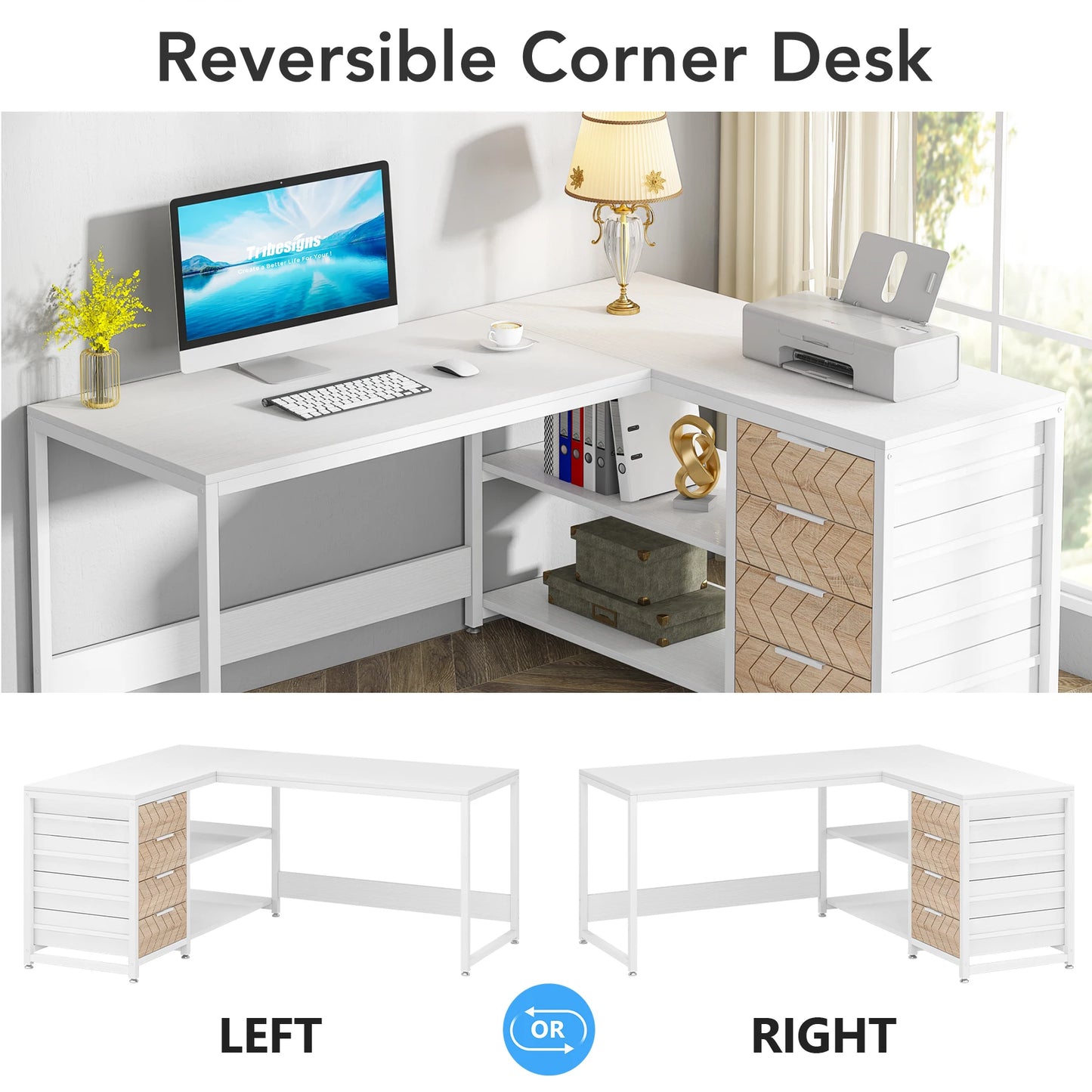 MonoWood L Shaped Computer Desk with Storage Drawers, 59 inch Corner Desk with Shelves, Reversible L-Shaped Office Desk