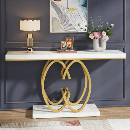 MonoWood 55 Inch Console Table for Hallway, Faux Marble Gold Entryway Table with Geometric Metal Base, Modern Sofa Table