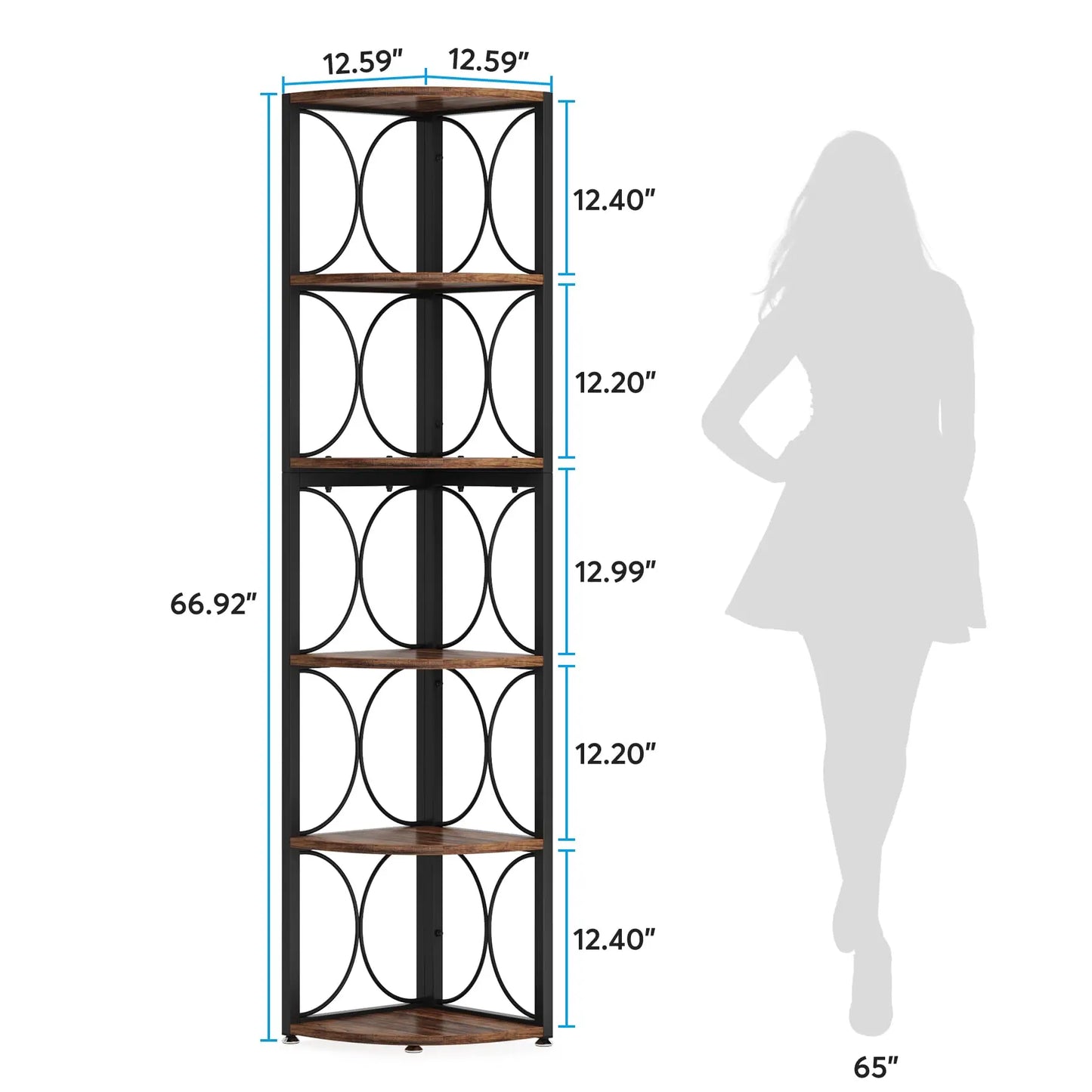 MonoWood 67 inch Tall Corner Shelf, 6 Tier Rustic Corner Bookshelf Bookcase Storage Rack Standing Shelving Unit