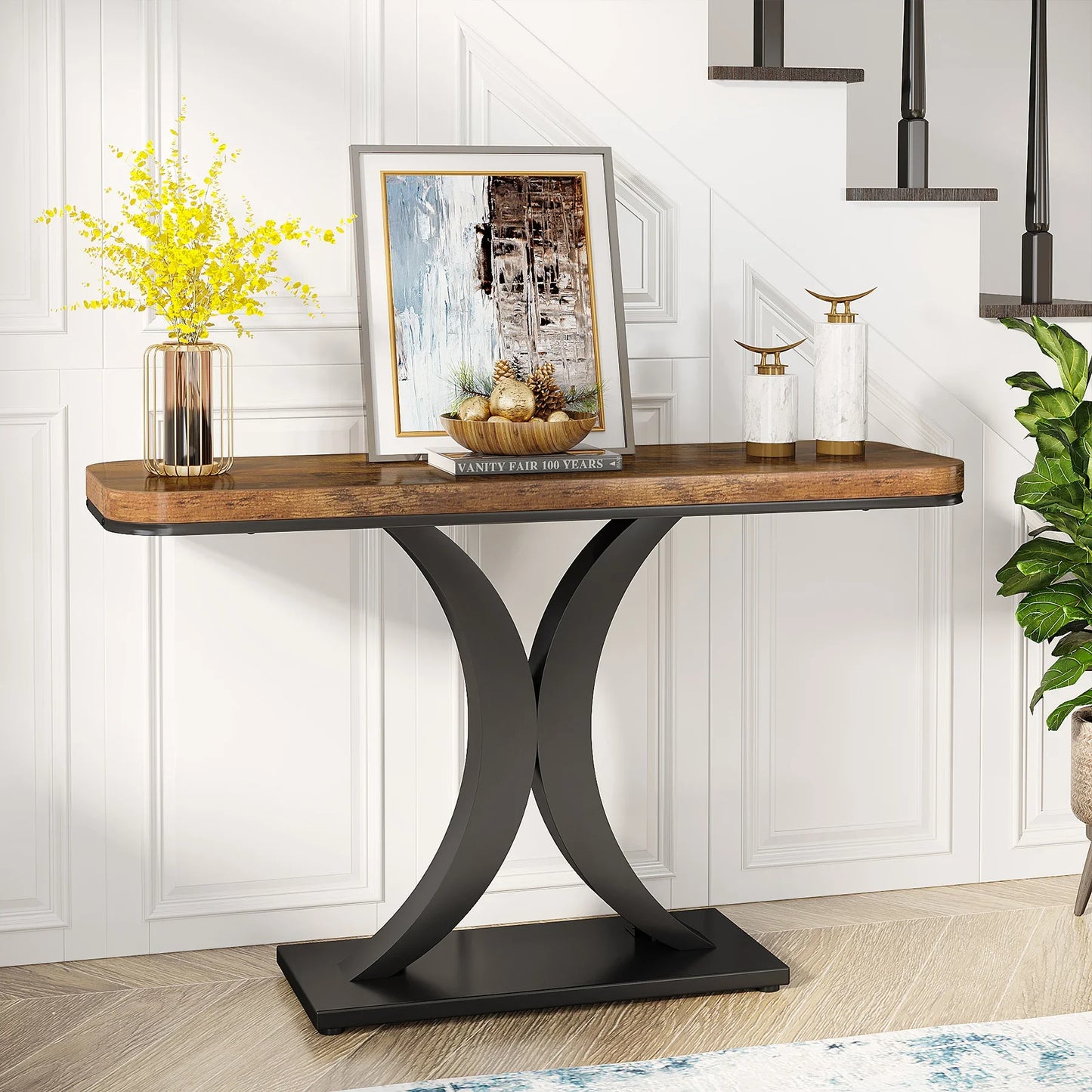 MonoWood Industrial Console Table, 40 inch Narrow Entryway Foyer Table with Geometric Base, Rustic Hallway Accent Table