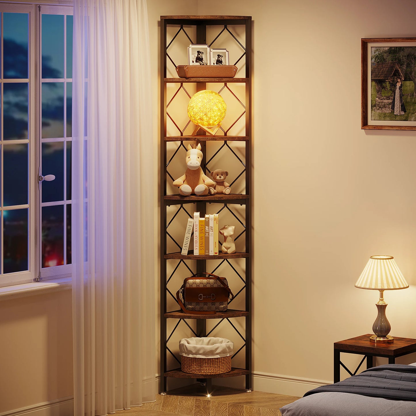 MonoWood 7-Tier Corner Shelf, 78.7” Extra Tall Corner Bookcase, Industrial Slim Corner Bookshelf for Small Narrow Space