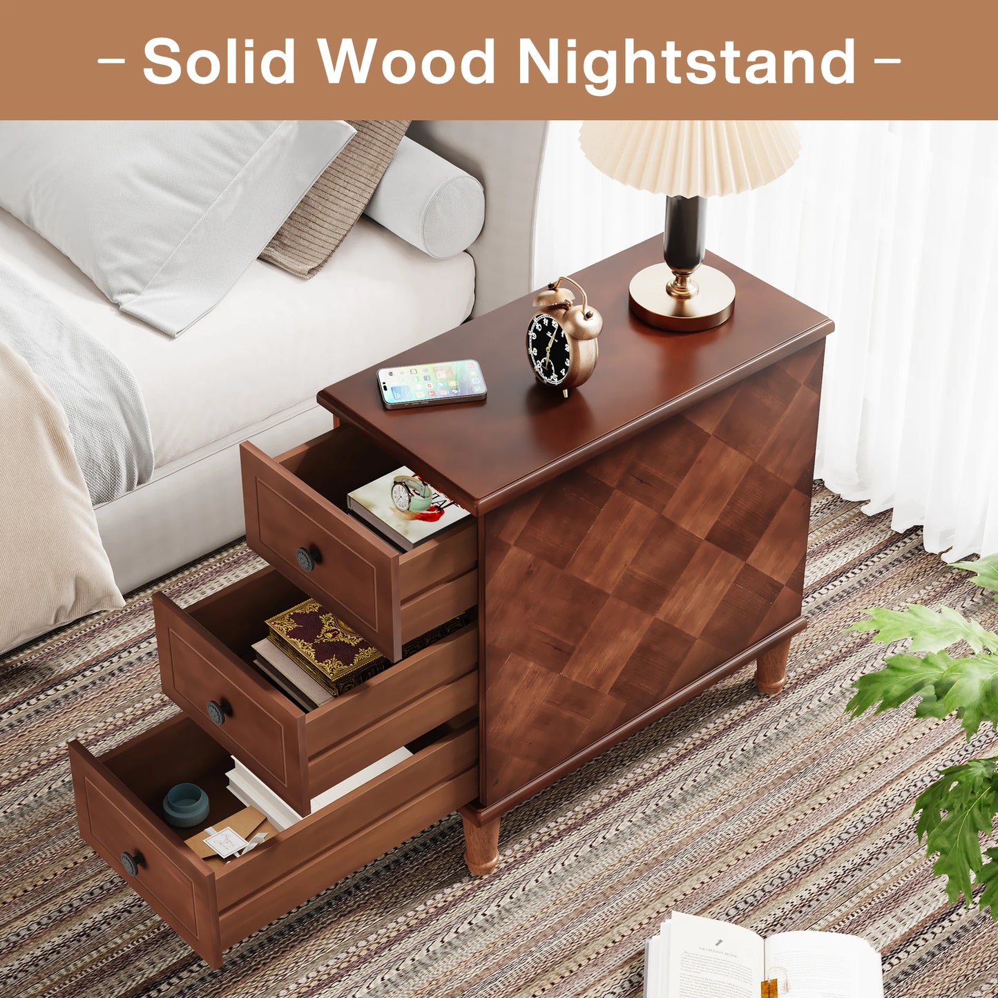 MonoWood Wood End Table, Fully Assembled Narrow Side Table with Drawers, Pre-Assembled Nightstand Slim Bedside Table