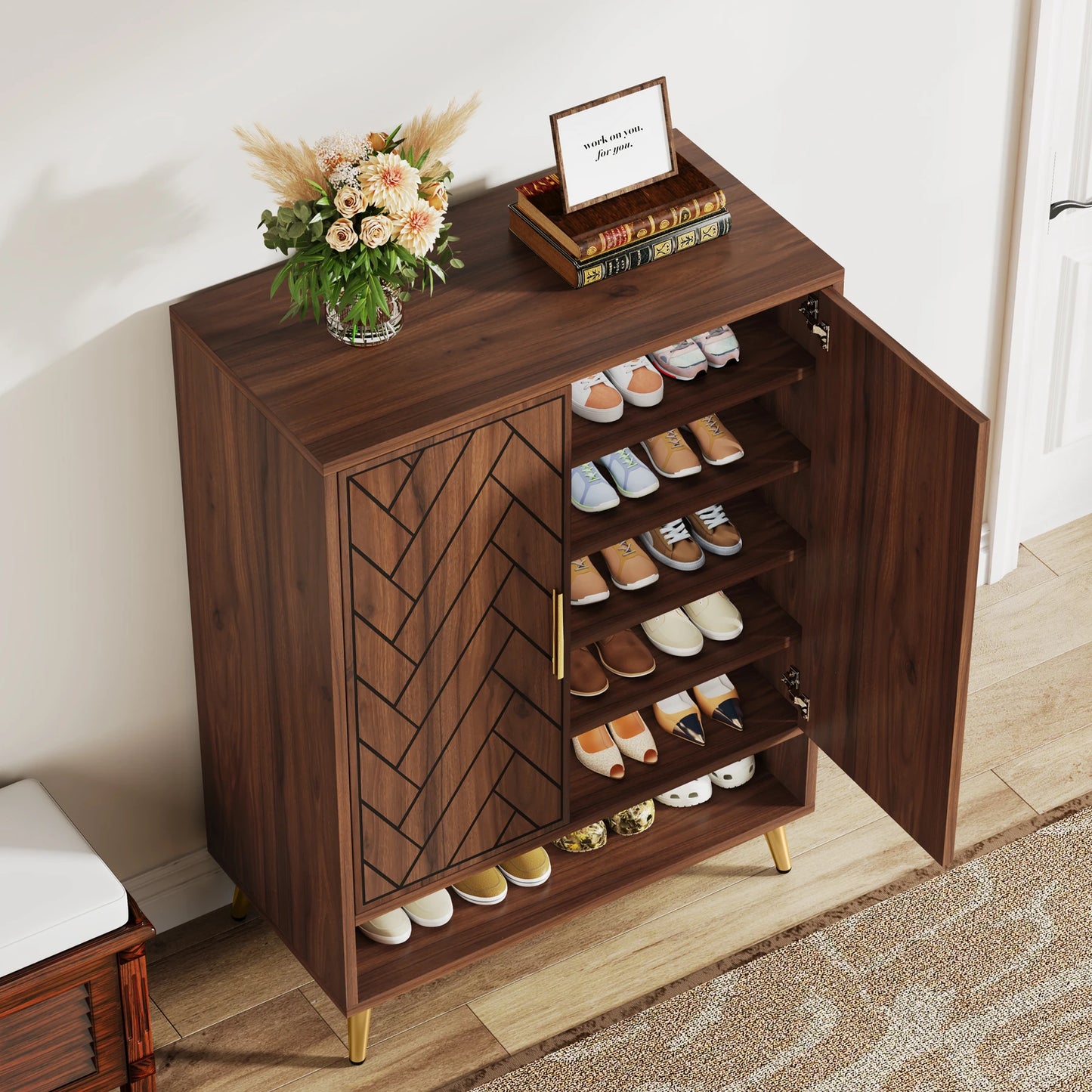 MonoWood 6-Tier Shoe Cabinet with Doors, Walnut Wooden Shoe Storage Cabinet with Adjustable Shelves for Entryway