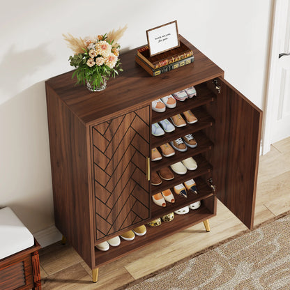 MonoWood 6-Tier Shoe Cabinet with Doors, Walnut Wooden Shoe Storage Cabinet with Adjustable Shelves for Entryway