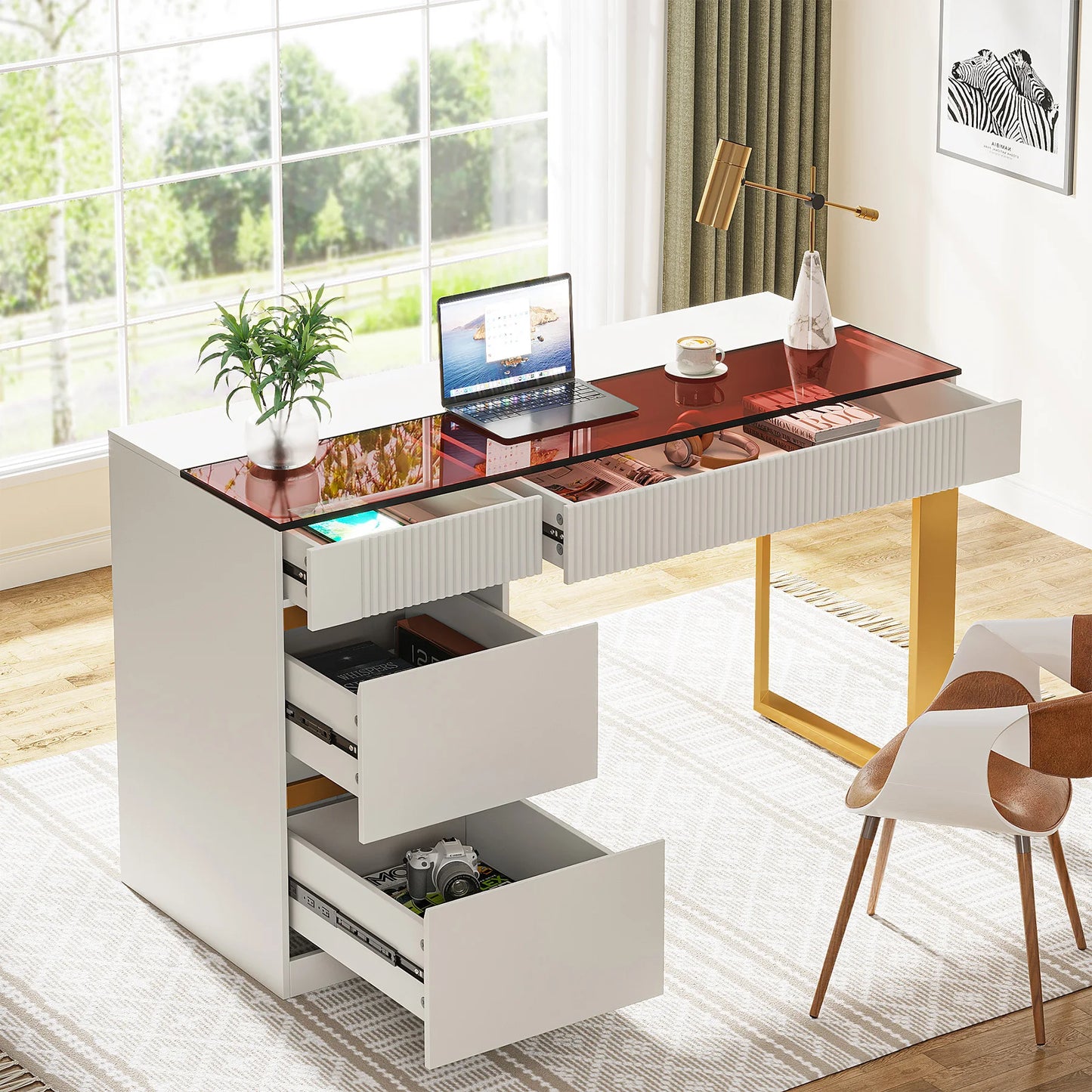 MonoWood Computer Desk with 4 Drawers, 47 Inch Modern Home Office Desk with Glass Top, White and Gold Writing Workstation Desk
