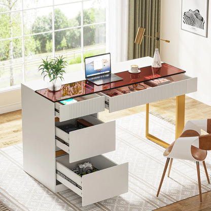 MonoWood Computer Desk with 4 Drawers, 47 Inch Modern Home Office Desk with Glass Top, White and Gold Writing Workstation Desk