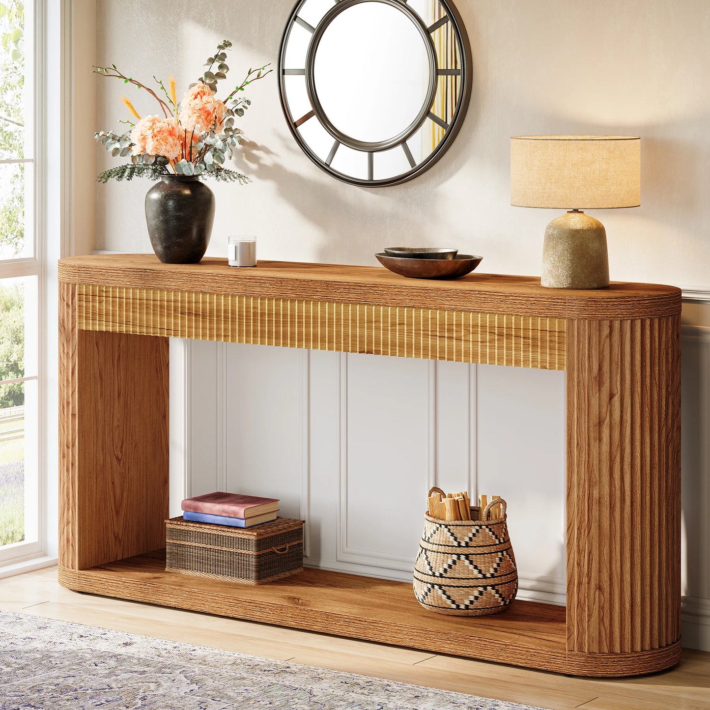 MonoWood 63 Inch Fluted Console Table for Entryway, Narrow Wood Sofa Table Behind Couch for Entrance, Hallway, Foyer