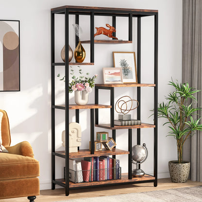 MonoWood Modern 8-Tier Staggered Bookcase -, Wide Wood Etagere Shelving Unit